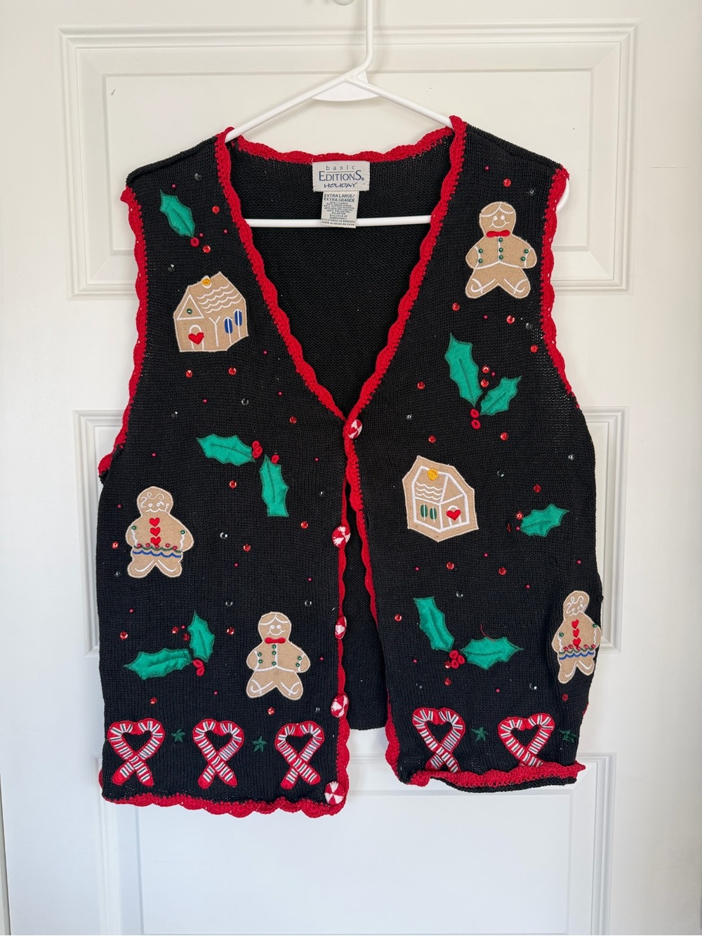 Basic Editions Black Gingerbread & Holly Holiday Vest